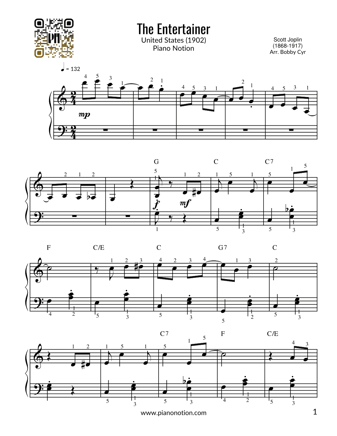 The Entertainer (Easy Piano) (arr. Bobby Cyr - Piano Notion)