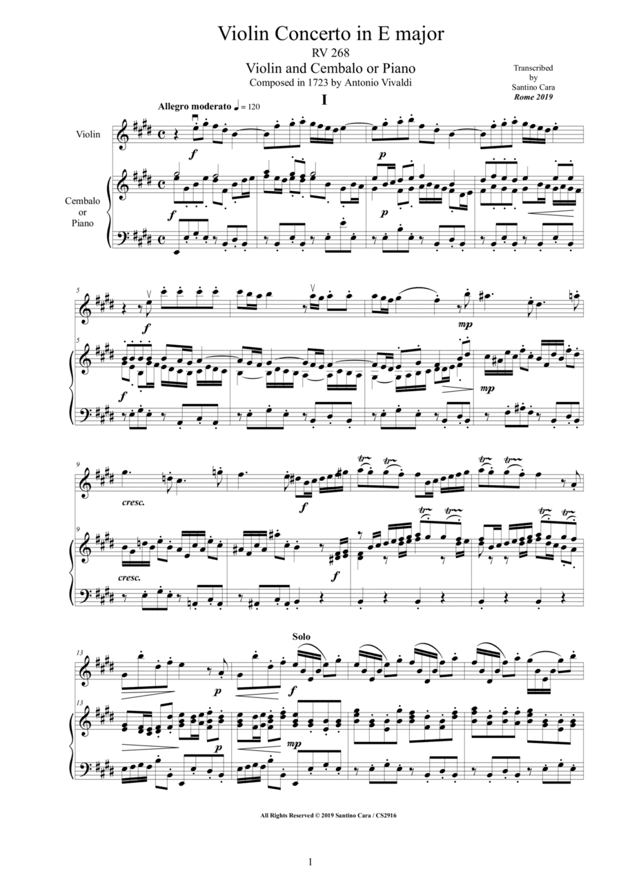 Vivaldi - Violin Concerto in E major RV 268 for Violin and Cembalo or Piano (arr. Santino Cara)
