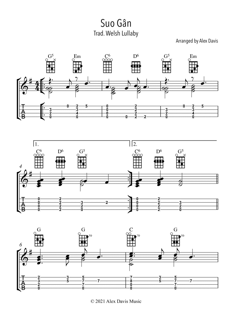 Suo Gân - Ukulele TAB (arr. Alex Davis)