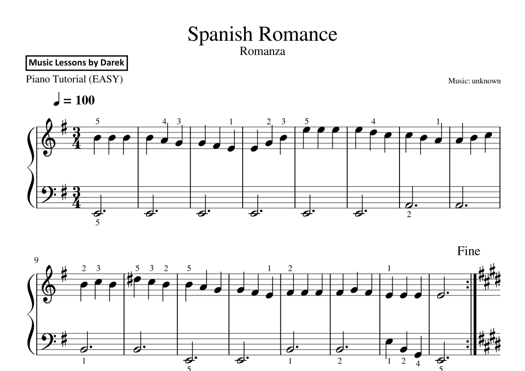 Spanish Romance / Romance d'Amour / Romanza (EASY PIANO) (arr. Darek)