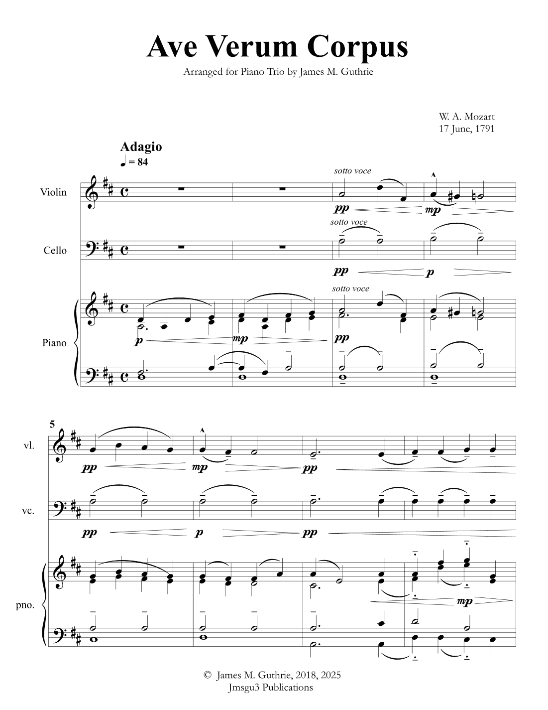 Mozart: Ave Verum Corpus for Piano Trio (arr. James M. Guthrie, ASCAP)