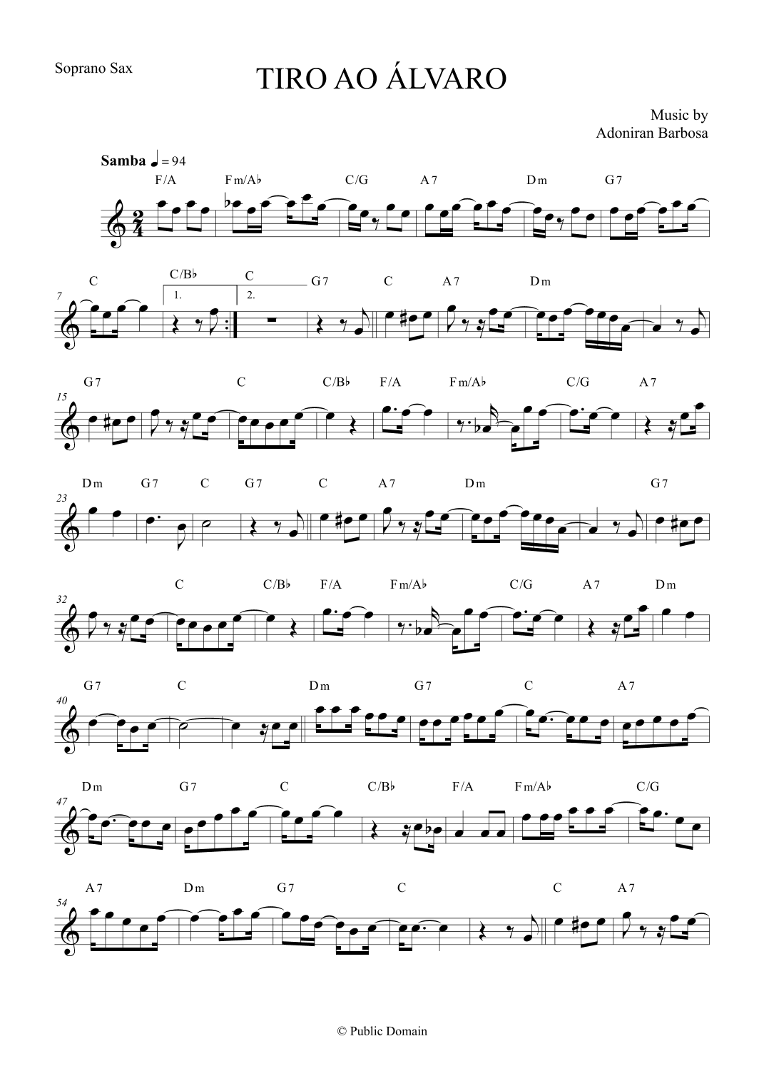 Tiro ao Álvaro by Adoniran Barbosa - Soprano Saxophone (arr. The Sheet Music Library)