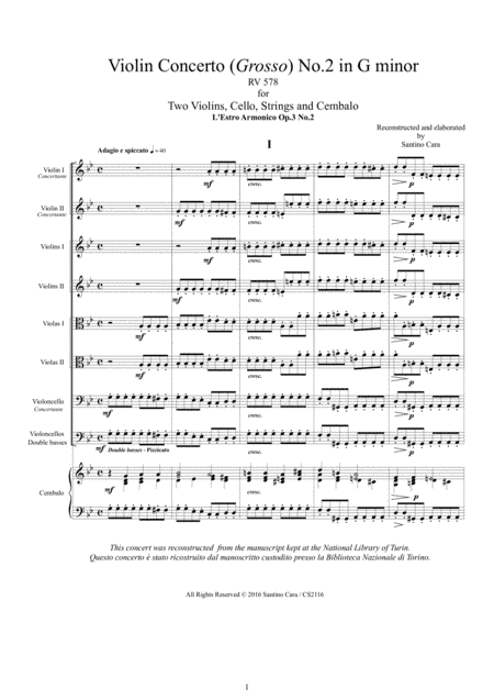 Vivaldi - Violin Concerto No.2 in G minor RV 578 Op.3 for Two Violins, Cello, Strings and Cembalo (arr. Santino Cara)