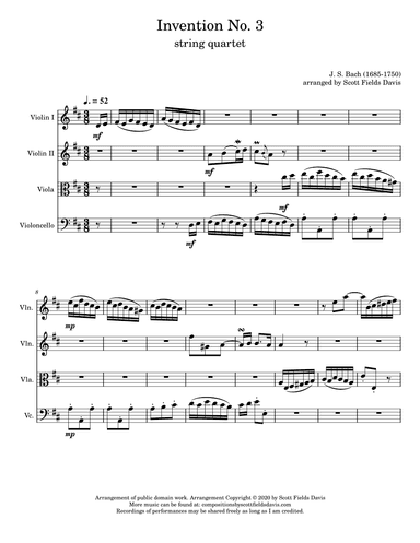 Bach Invention No. 3 for String quartet (arr. Scott Fields Davis)