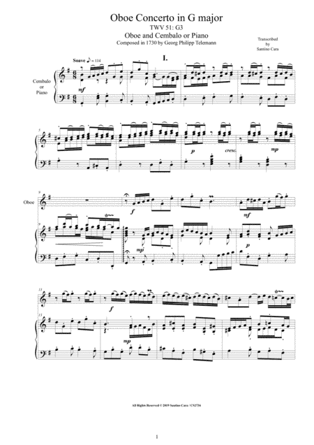 Telemann - Oboe Concerto in G major TWV 51-G3 for Oboe and Cembalo or Piano (arr. Santino Cara)