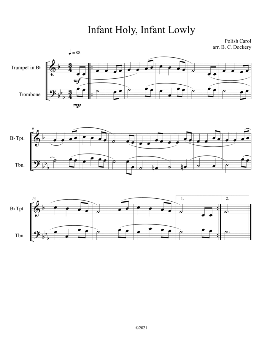 Infant Holy, Infant Lowly (Trumpet and Trombone Duet) (arr. B. C. Dockery)