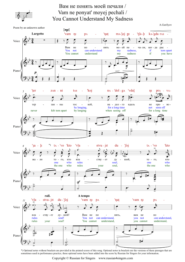 "You Cannot Understand My Sadness" Original Key DICTION SCORE with IPA and translation (arr. Russian for Singers)