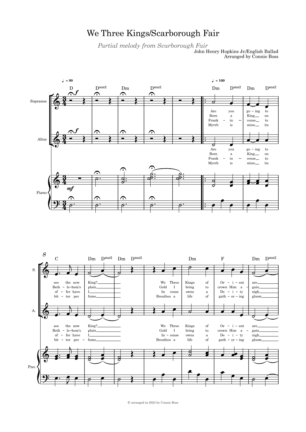 We Three Kings/Scarborough Fair combo SA duet, and piano (arr. Connie Boss)