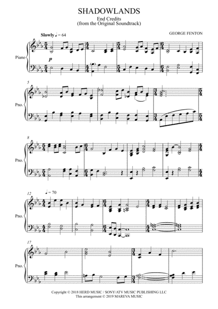 Shadowlands (end Titles) (arr. Mareva Music (arranger: Peter Rodney Hibbert)