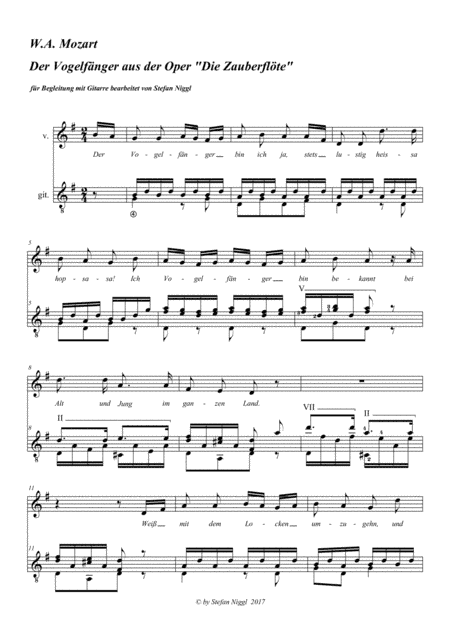 "Der Vogelfänger" from "The Magic Flute" for Voice and Guitar (arr. Stefan Niggl)