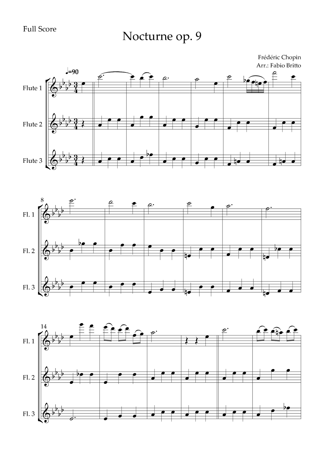 Nocturne Op.9 No. 2 (Frédéric Chopin) for Flute Trio (arr. Fabio Britto)