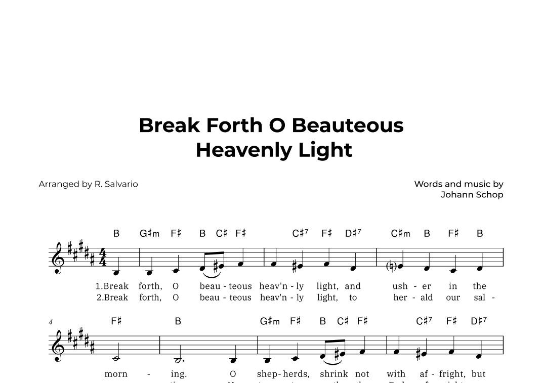 Break Forth O Beauteous Heavenly Light (Key of B Major) (arr. R. Salvario)