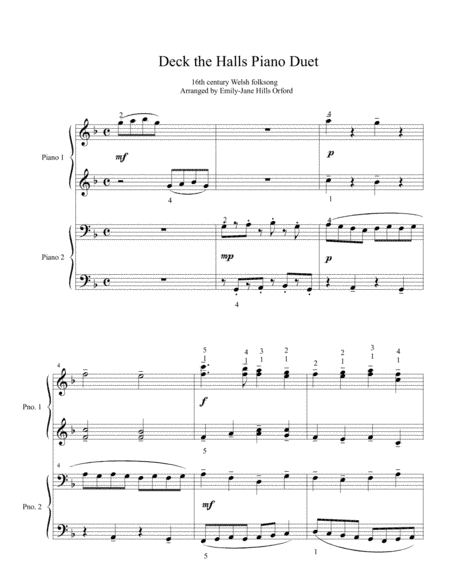 Deck the Halls Piano Duet (arr. Emily-Jane Hills Orford, arranger)