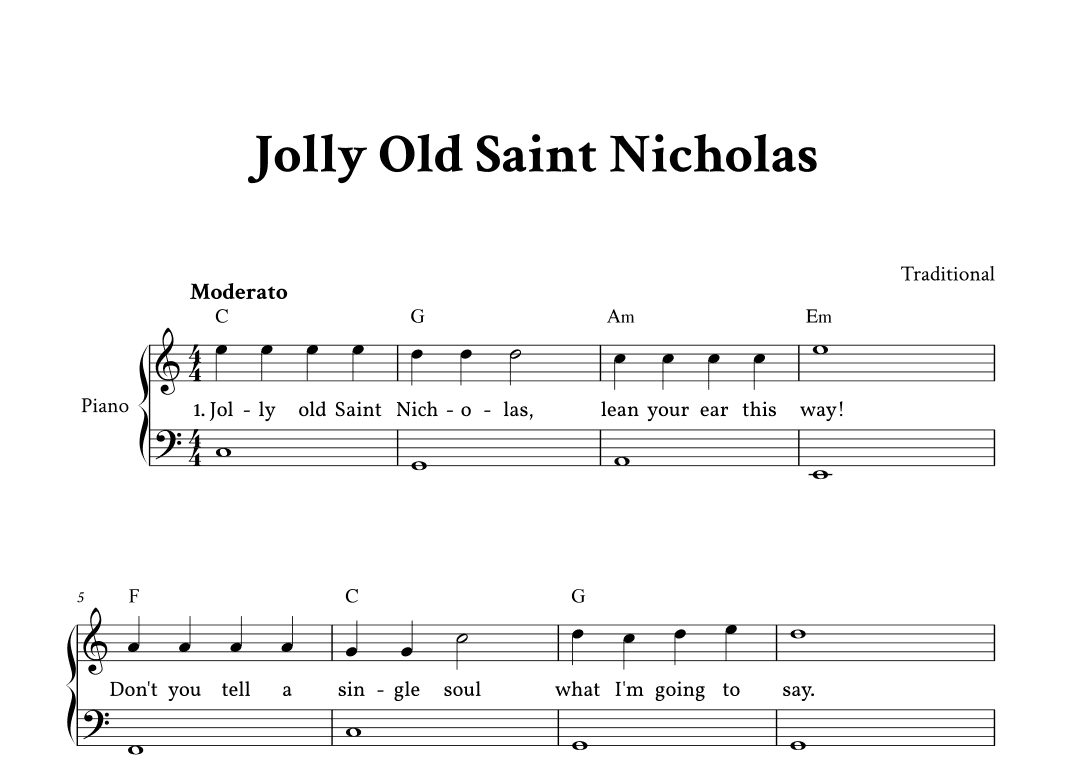 Jolly Old Saint Nicholas - Easy Piano in C (with Lyrics) (arr. Yuri Noronha)