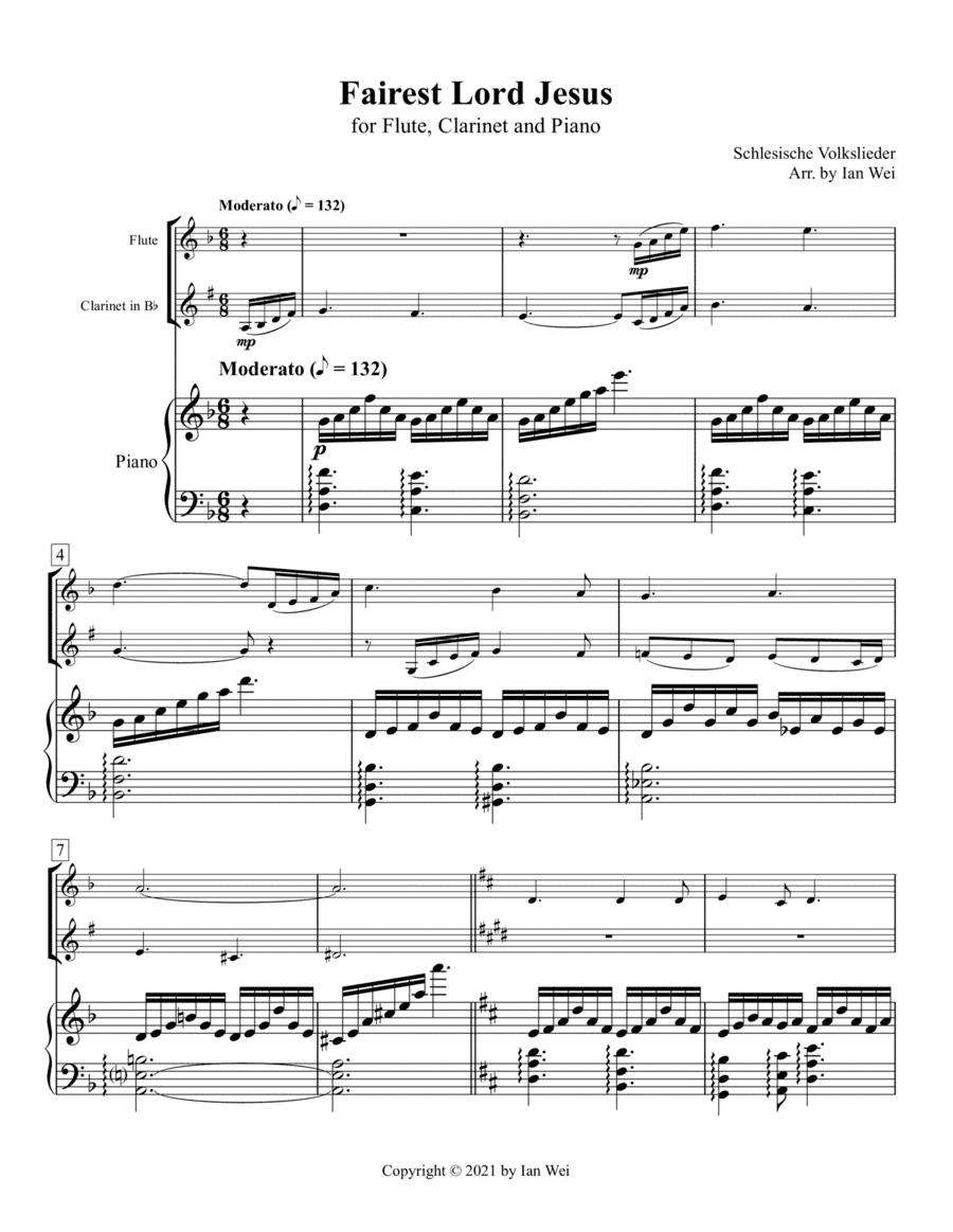 Fairest Lord Jesus for Flute, Clarinet and Piano (arr. Ian Wei)