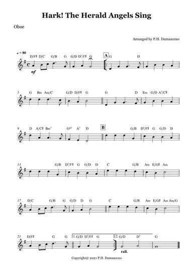Hark! The Herald Angels Sing - Oboe Solo with Chords (arr. P.H. Damasceno)
