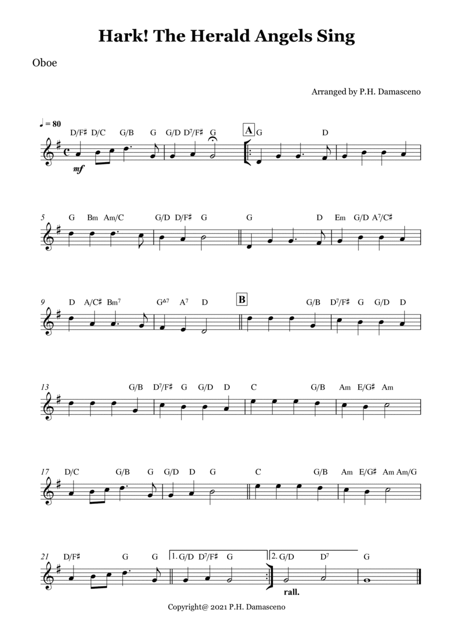 Hark! The Herald Angels Sing - Oboe Solo with Chords (arr. P.H. Damasceno)