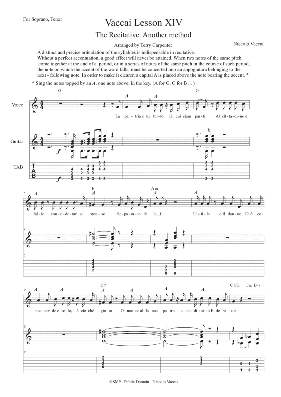 Vaccai - Lesson 14 The Recitative. For tenor and soprano voice with guitar (arr. Terry Carpenter)