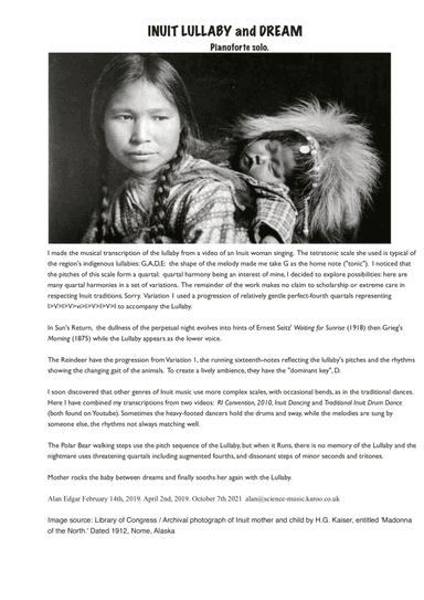 INUIT LULLABY AND DREAM (SINNASAIK, SINNATOMAK) for pianoforte