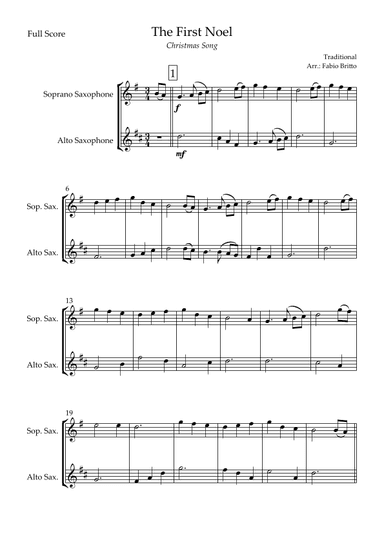 The First Noel (Christmas Song) for Soprano Saxophone & Alto Saxophone Duo (arr. Fabio Britto)