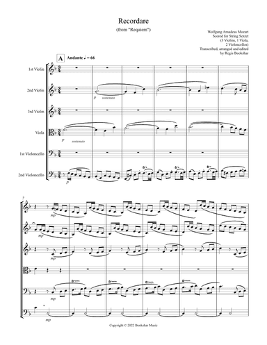 Recordare (from "Requiem") (F) (String Sextet - 3 Violins, 1 Viola, 2 Cellos) (arr. Regis Bookshar)