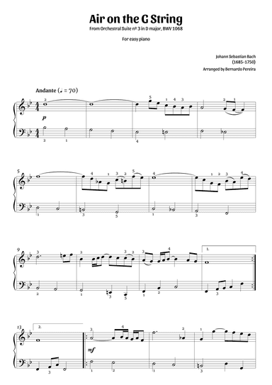 Air on the G string (easy piano – B? major) (arr. Bernardo Pereira)