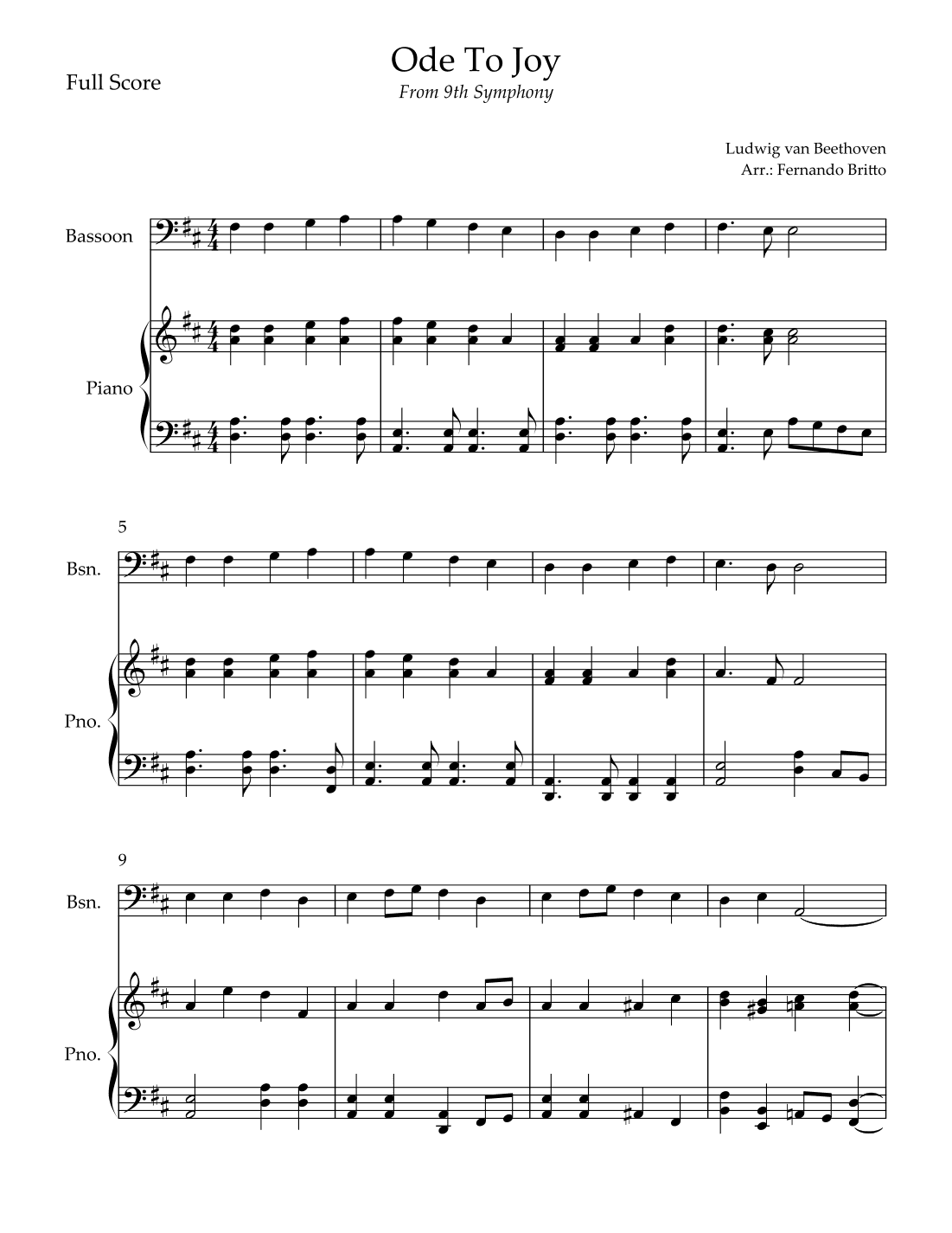 Ode To Joy Theme (from Beethoven's 9th Symphony) for Bassoon Solo and Piano Accompaniment (arr. Fernando Britto)