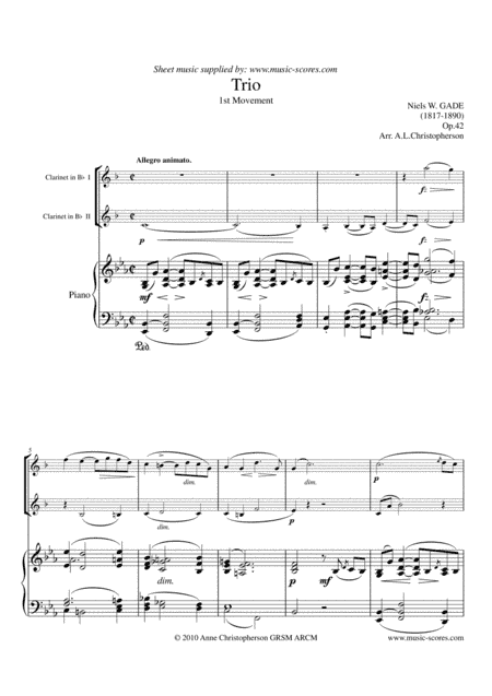 Gade - Allegro Animato - 1st movement from Piano Trio - 2 Bb Clarinets and Piano. (arr. Anne Christopherson GRSM ARCM)