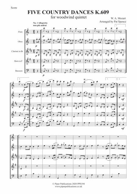 MOZART FIVE COUNTRY DANCES K. 609 FOR WOODWIND QUINTET (arr. Pat Spence)