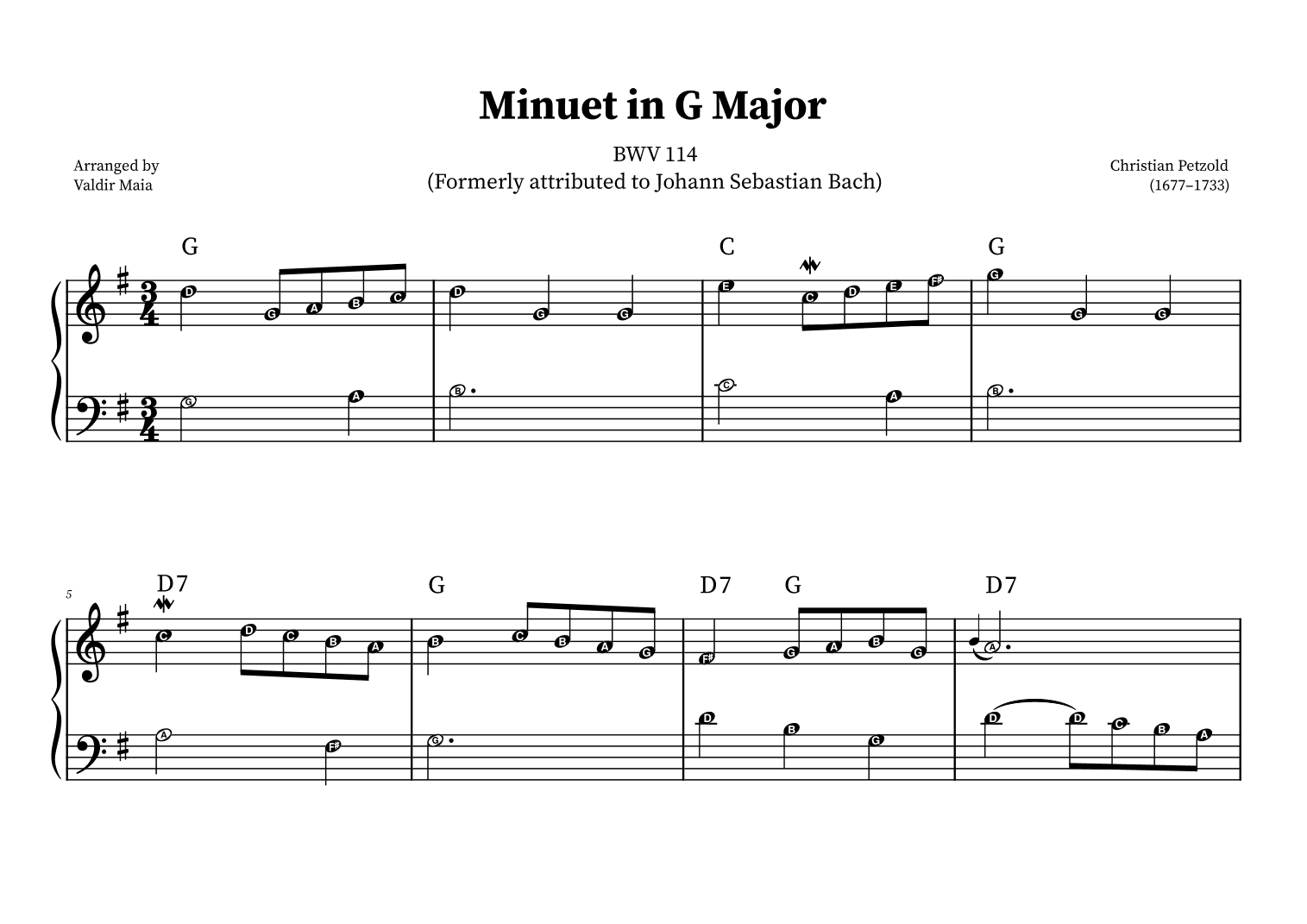 Minuet in G (BWV 114) - + CHORDS and Note Names (arr. Valdir Maia)