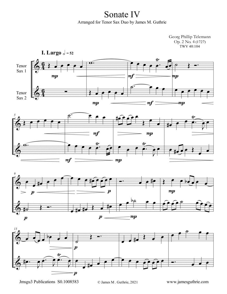 Telemann: Sonata Op. 2 No. 4 for Tenor Sax Duo (arr. James M. Guthrie)