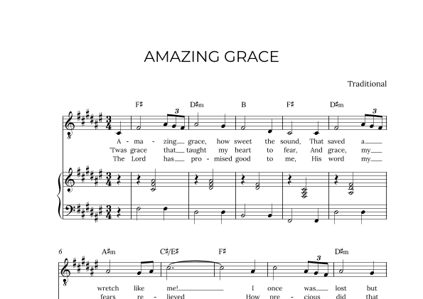 AMAZING GRACE - for piano and tenor in F# major with chords (arr. Alex Nunes Rodrigues)