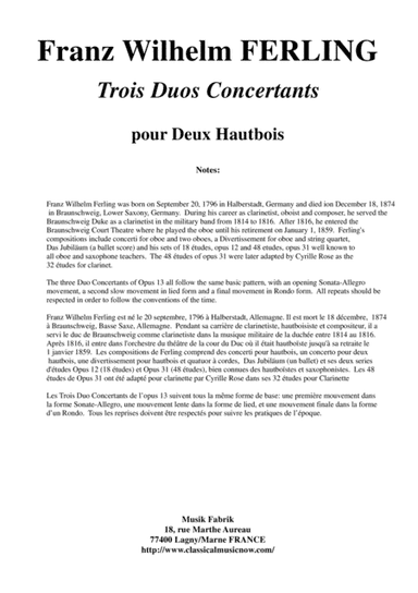 Franz Wilhelm Ferling: 3 Duos Concertants for 2 Oboes, Op. 13 , edited by Paul Wehage (arr. Paul Wehage)