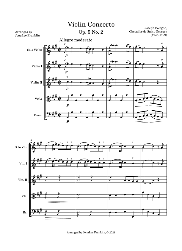Violin Concerto Op. 5, No. 2 (arr. JonaLee Franklin)