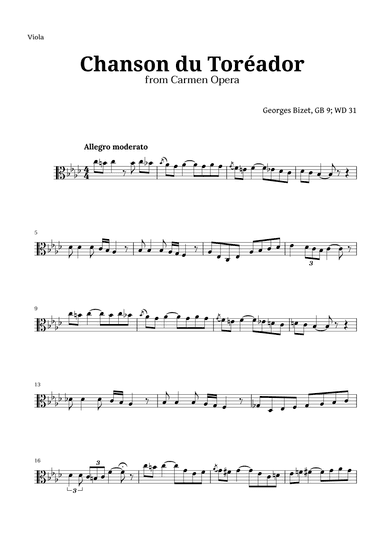 Chanson du Toreador by Bizet for Viola (arr. Langanho)