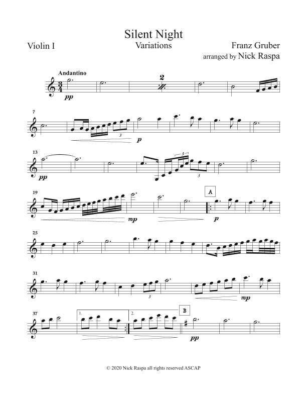 Silent Night - Variations (full orchestra) Violin I part (arr. Nick Raspa)