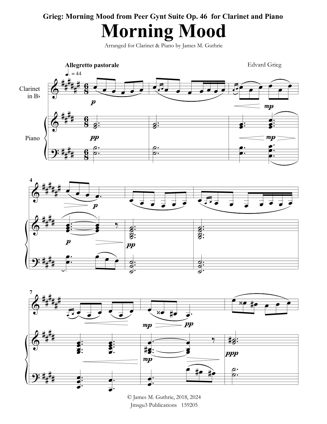 Grieg: Morning Mood from Peer Gynt Suite for Clarinet & Piano (arr. James M. Guthrie, ASCAP)