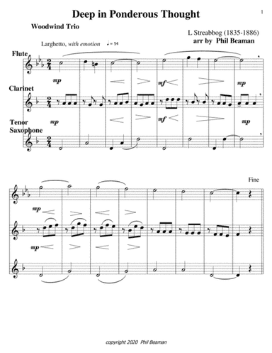 Deep in Ponderous Thought-woodwind trio 2, flute, clarinet, tenor sax (arr. Phil Beaman)