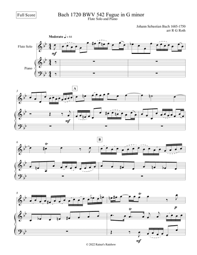 Bach 1720 BWV 542 Fugue in Gm Solo Flute and Piano Score and Parts (arr. R G Roth)