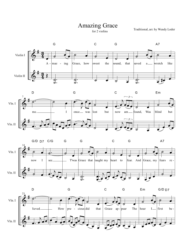 Amazing Grace for 2 Violin Duo (arr. Wendy Loder, ASCAP)