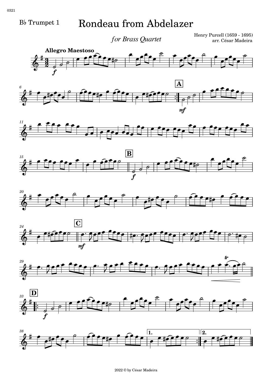 Rondeau from Abdelazer - Brass Quartet (Individual Parts) (arr. César Madeira)