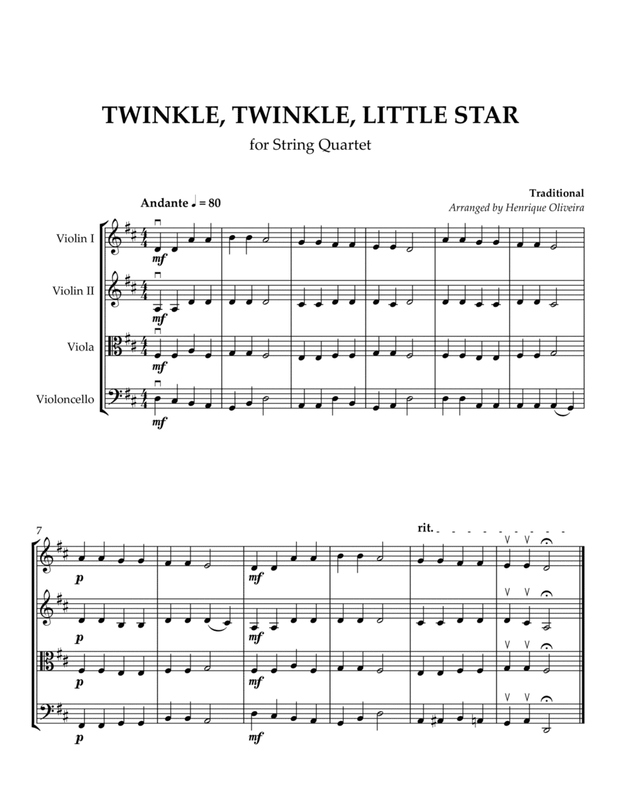 Twinkle, Twinkle, Little Star (String Quartet) - Beginner Level (arr. Henrique Oliveira)