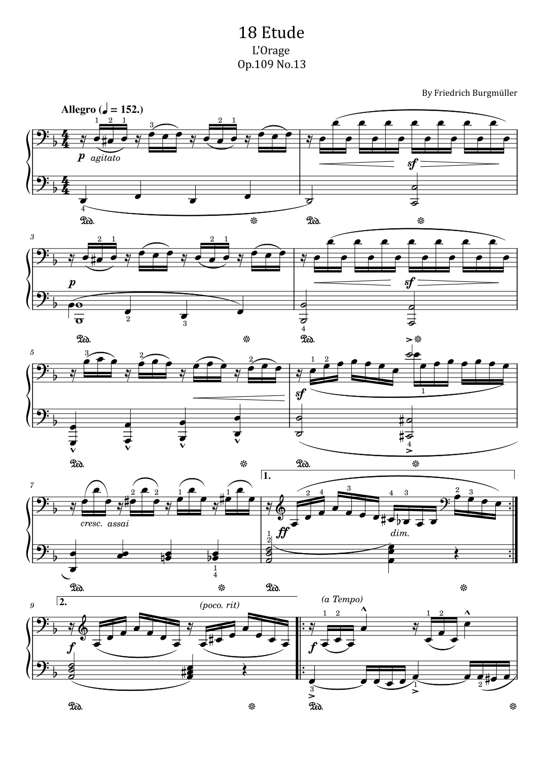 Burgmuller - 18 Etude -  L'Orage Op.109 No.13 - Original With Fingered - For Piano Solo (arr. poon)