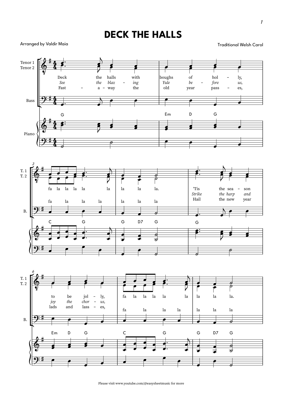 Deck The Halls - TTB (with piano accompaniment) (arr. Valdir Maia)