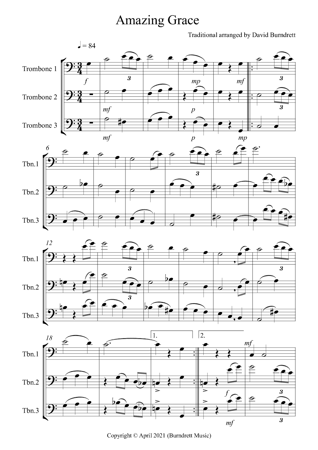 Amazing Grace for Trombone Trio (arr. David Burndrett)