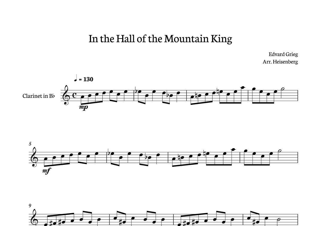 In The Hall of The Mountain King for clarinet (arr. Heisenberg)