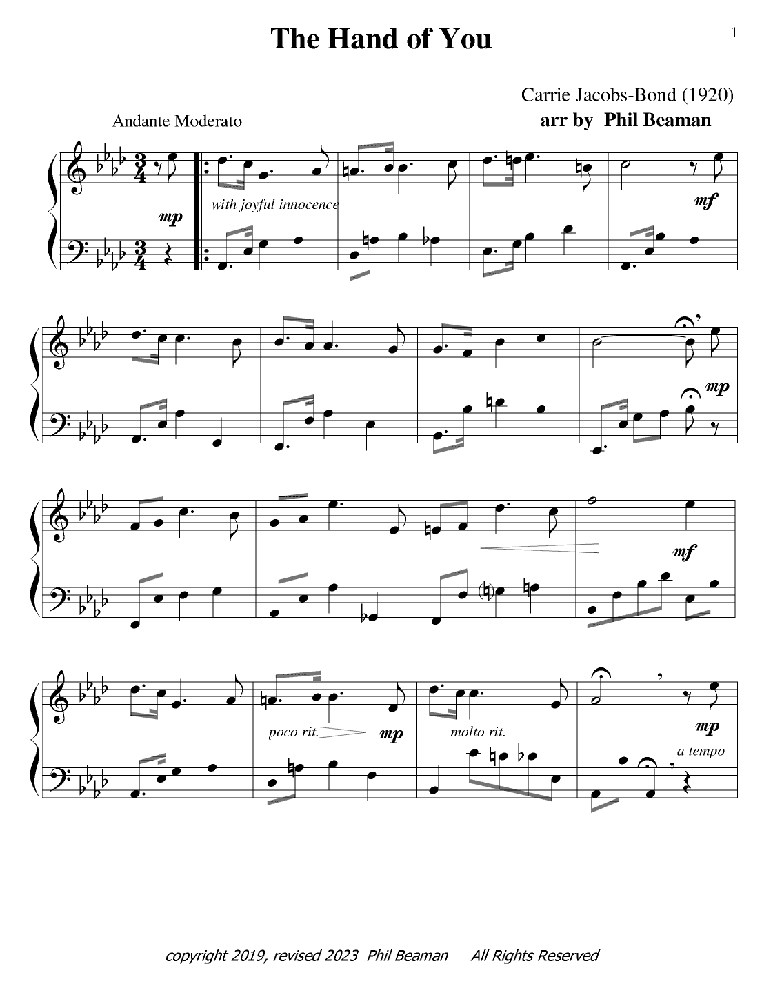 The Hand of You - piano solo (arr. Phil Beaman)