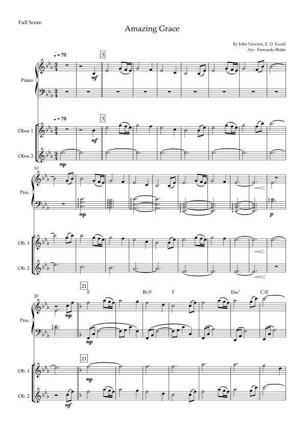 Amazing Grace (John Newton, E. O. Excell) for Oboe Duo and Piano Accompaniment with Chords (arr. Fernando Britto)