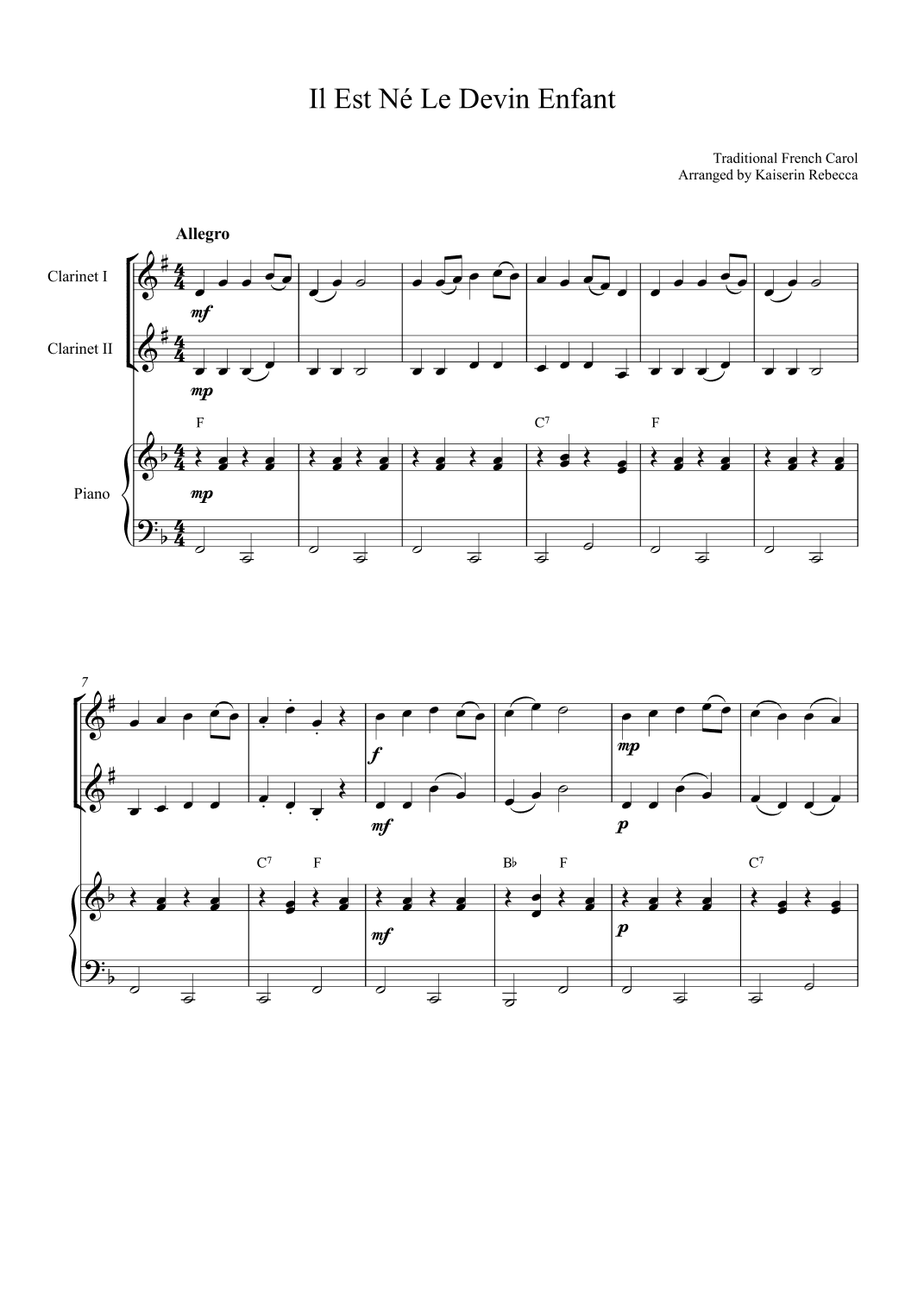 Il Est Né Le Devin Enfant (arr. Kaiserin Rebecca)