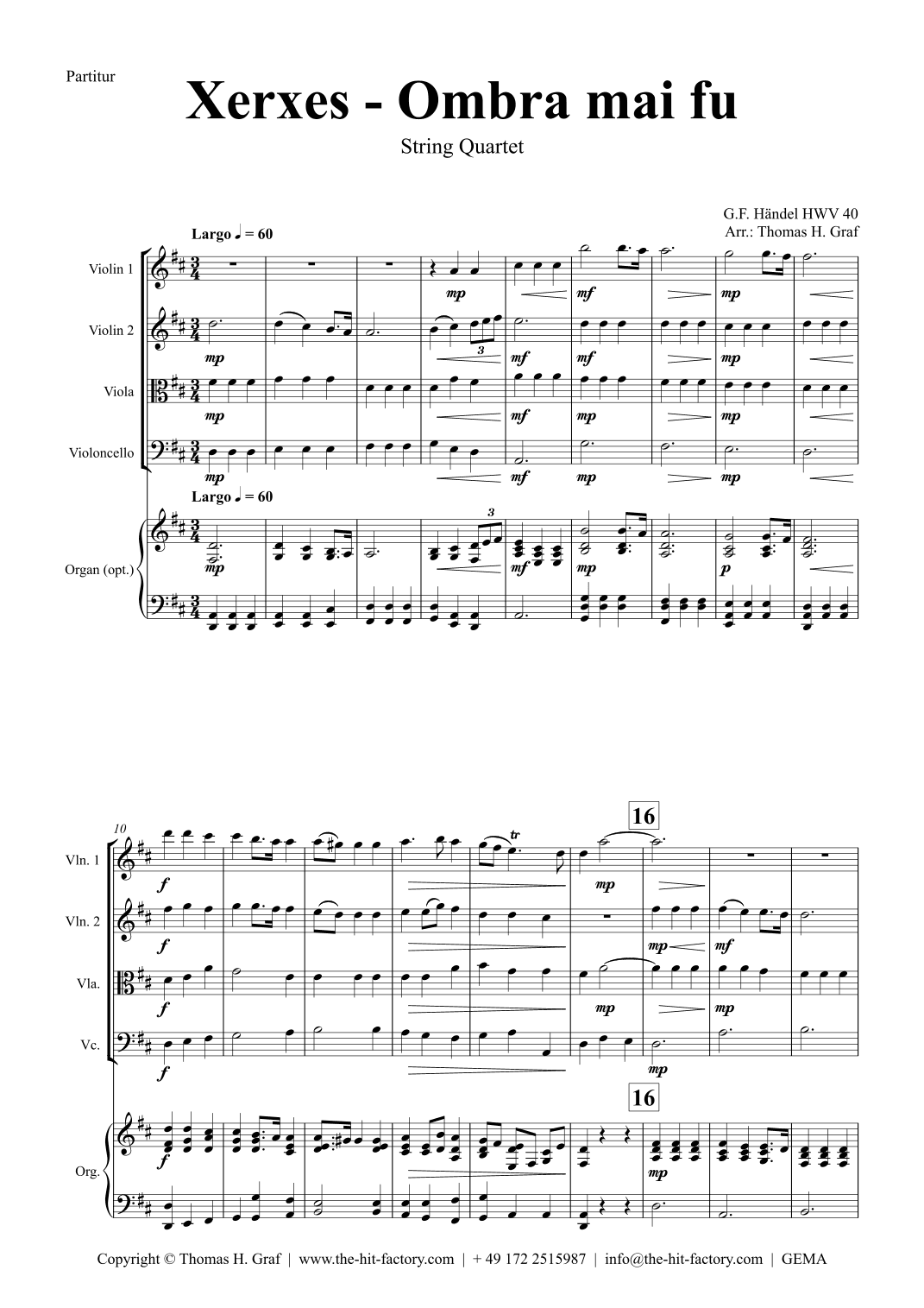 Xerxes Largo - Ombra mai fu - String Quartet - D (arr. Thomas H. Graf)